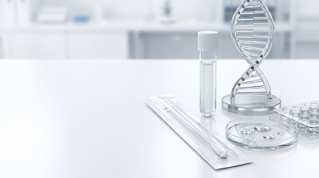 Genetic testing setup with DNA model, swab, test tube and laboratory dishes on a clean clinical lab bench.