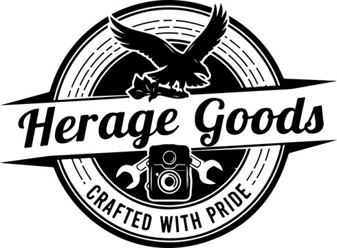 black and white logo, eagle camera emblem, vintage badge design, herage goods label