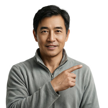 Director pointing isolated portrait of a 49 year old East Asian man wearing a grey fleece on a transparent background