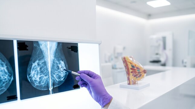 Radiologist pointing at anonymized mammography films beside a breast anatomy model in a modern diagnostic imaging clinic.