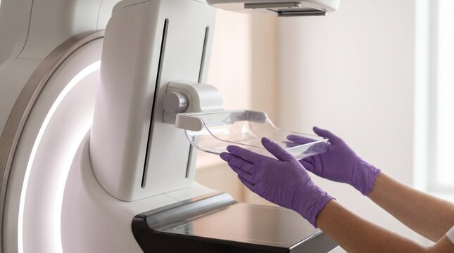 Radiologic technologist positioning the transparent compression paddle on a modern mammography machine for digital breast imaging and cancer screening.