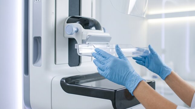 Radiologic technologist adjusting the compression paddle of a modern digital mammography machine before a breast cancer screening examination.