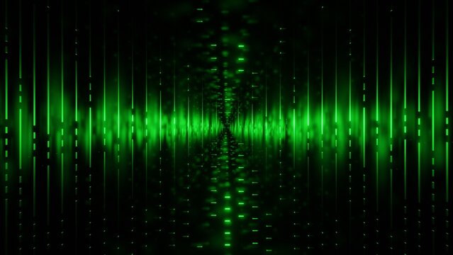Futuristic digital binary code data stream background with glowing green neon vertical lines falling in dark