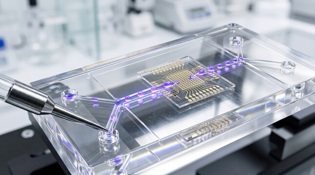 Microfluidic chip performs complex chemical analysis under laboratory conditions with glowing purple reagents.