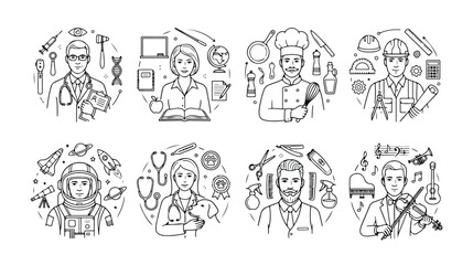 Professional occupation line icons set, diverse career characters and job tools, minimalist worker avatars for business and education infographics © Shahnaz akhtar