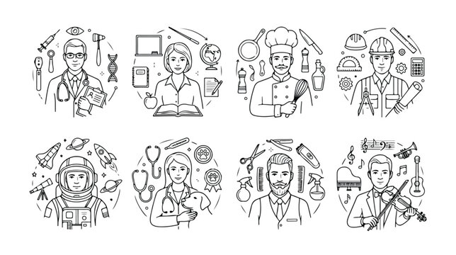 Professional occupation line icons set, diverse career characters and job tools, minimalist worker avatars for business and education infographics
