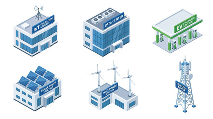 Fototapeta premium Futuristic smart technology infrastructure with renewable energy sources including wind turbines charging stations and IoT data