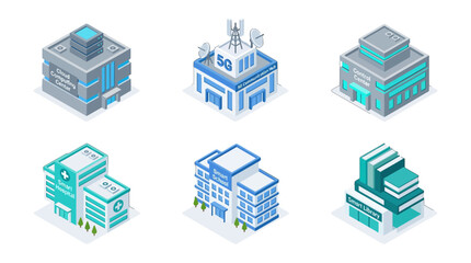 Fototapeta premium Illustration of modern technological infrastructure including data centers and wireless communication towers representing