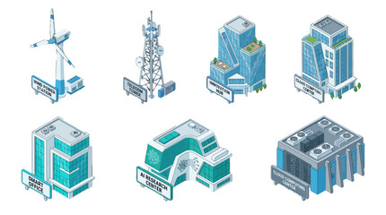 Fototapeta premium Collection of modern technological buildings and communication towers with eco-friendly design elements emphasizes innovative
