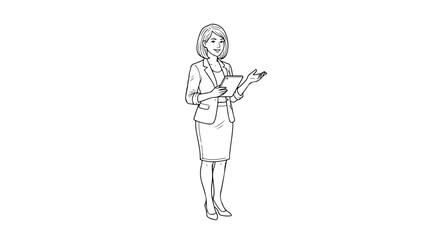 Obraz premium Professional business woman line art vector, female executive holding tablet and gesturing, minimalist office worker character illustration
