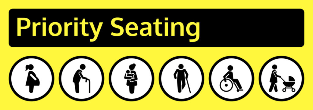 Vector priority seating sign in yellow with six circular pictograms of pregnant woman, elderly with cane, mother with baby, disabled with crutch, wheelchair user, and woman with stroller.