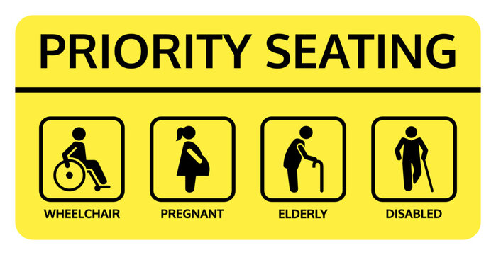 Vector priority seating sign in yellow and black with four labeled pictograms showing wheelchair user, pregnant woman, elderly person with cane, and disabled person with crutch.