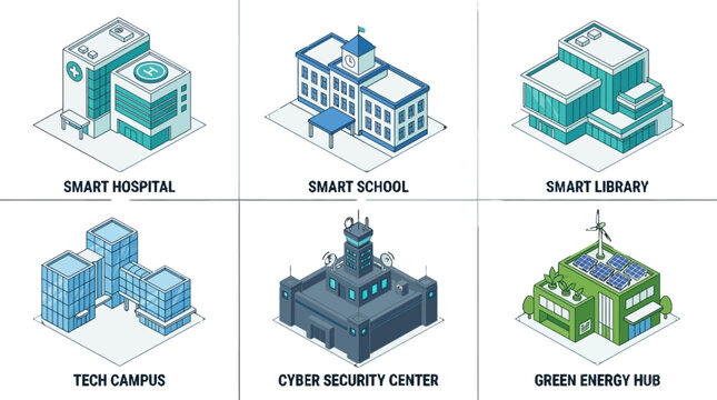 Innovative smart infrastructure concepts depicting modern institutional and sustainability-focused facilities in an isometric
