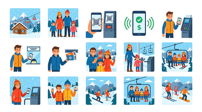 Set of illustrations depicting a family on a winter ski resort vacation, using mobile apps for tickets and payments
