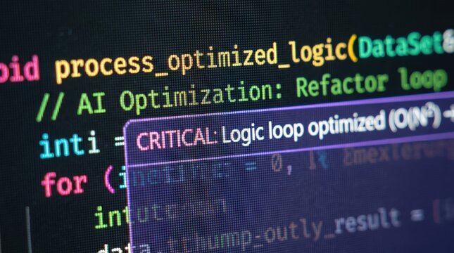 Programming code displays on a digital screen, highlighting an optimized logic loop process for software development.