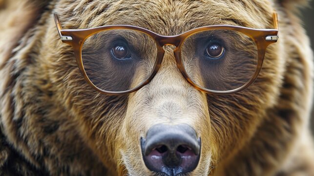 Close-Up Portrait of a Bear's Face Wearing Round Glasses for Humorous Effect