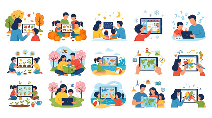 Naklejka premium Set of illustrations depicting children and parents using tablets for educational activities and learning