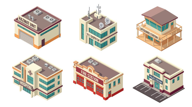 illustration of various essential service buildings including hospital fire station and lifeguard station in an isometric style