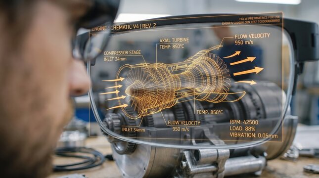 Engineer examines a complex jet turbine engine using advanced augmented reality glasses for technical analysis.