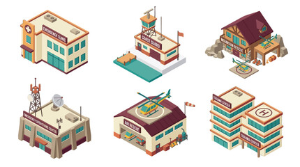 Fototapeta premium Development of diverse municipal facilities including hospitals, fire stations, and transportation hubs in a detailed isometric