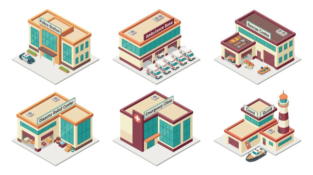 Set of various healthcare and medical facility illustrations including hospital, emergency, outpatient clinics, and specialized