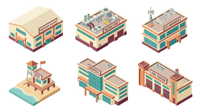 Detailed illustration of various urban infrastructure buildings including a hospital fire station dispatch center and