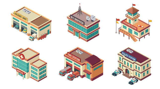 Collection of colorful, isometric emergency service buildings including police, fire, medical, aviation units and dispatch