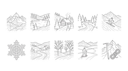 Obraz premium Set of winter landscape icons, vector illustration of mountain scenery, skiing, cabin, snowflake, and hiking equipment