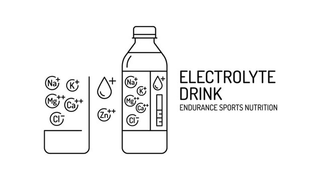 Electrolyte drink bottle with mineral ion symbols and glass icon for sports nutrition.