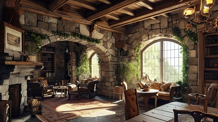 Fototapeta premium Cozy Rustic Stone-Walled Living Room Featuring A Large Arched Window And Fireplace
