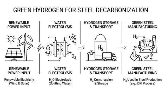 Infographic showing the green hydrogen production process for steel decarbonization.