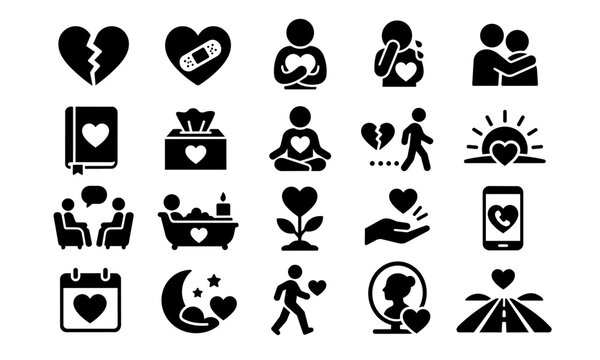 Breakup recovery and self love icon set