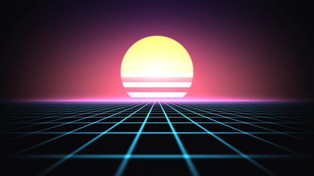 Seamless vj loop with retro sun and grid background for visuals