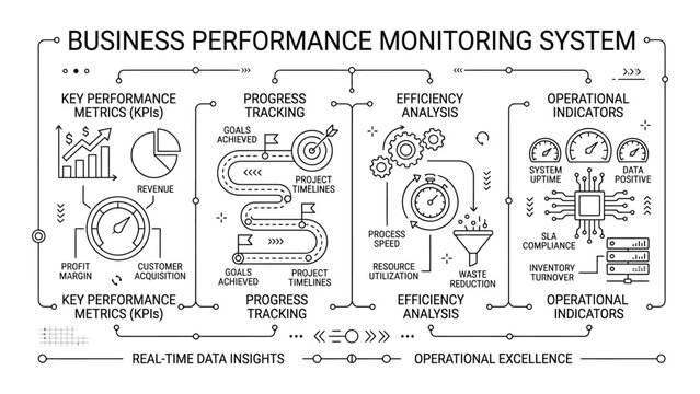 Business performance monitoring system infographic sketch with key performance metrics and operational indicators.
