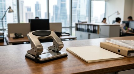Obraz premium Modern Office Workspace with Microscope and Documents for Scientific Research.