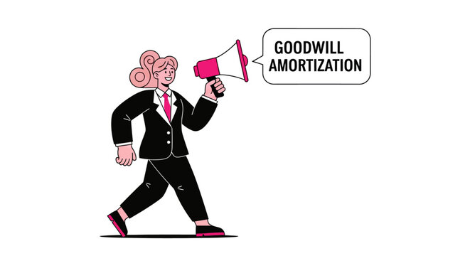 Businessperson with megaphone spreading goodwill amortization message.