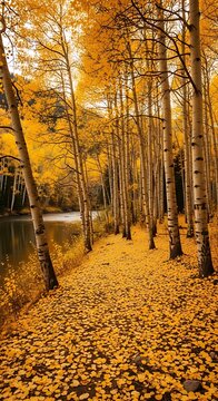 Golden autumn forest path with fallen leaves.