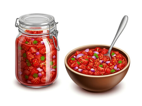 Bowl and jar of delicious red salsa sauce isolated on white background