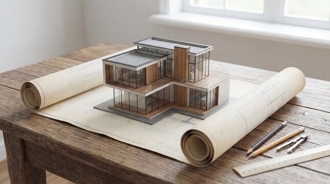 Architectural model of a modern house on blueprints with drafting tools