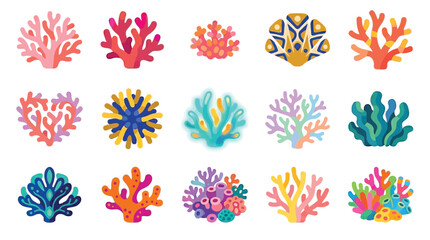 Collection of colorful and diverse coral reef illustrations on a white background. © desiana