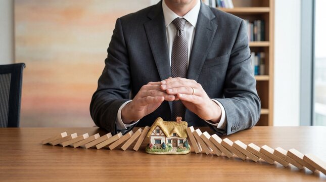 A businessman in a suit is protecting a small house with his hands, as a line of dominoes is about to fall on it. The scene symbolizes protection and risk management in real estate or insurance