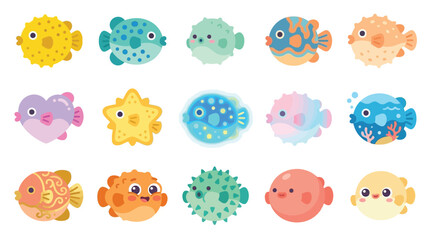 A collection of cute and colorful pufferfish illustrations, each with a unique design and expression. © desiana