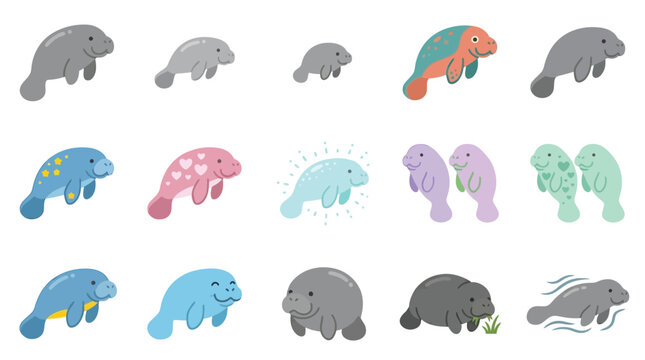 Collection of cute cartoon manatees in various colors and poses, representing marine mammals in a playful style.