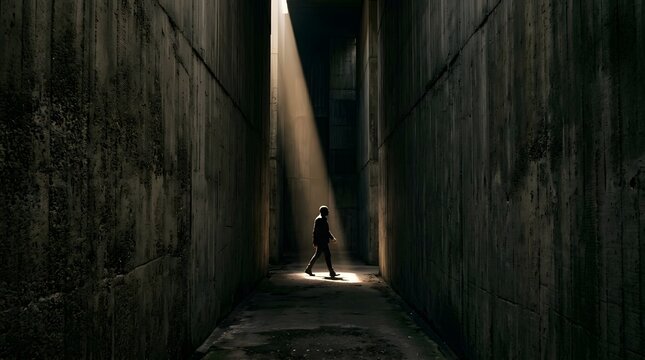 A lone figure walks through a dramatic, narrow canyon with a single beam of light illuminating the path ahead.