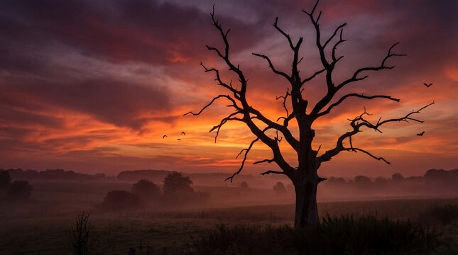 A bare, dead tree silhouetted against a dramatic sunset sky with fiery orange and red clouds. The mist rises from the field below, and a few birds fly in the distance