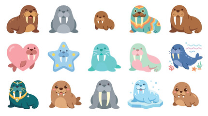 Collection of cute and colorful cartoon walruses in various poses and designs. © desiana