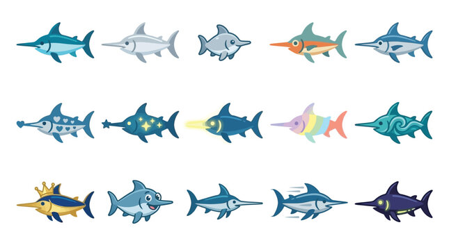 Collection of cartoon swordfish and marlin illustrations with various expressions and colors.