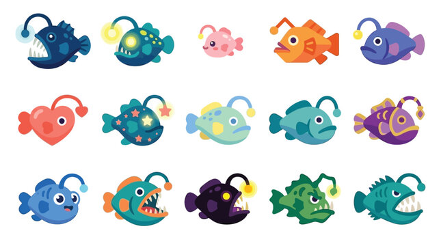 A collection of cute and colorful cartoon anglerfish with glowing lures, representing various emotions and designs.