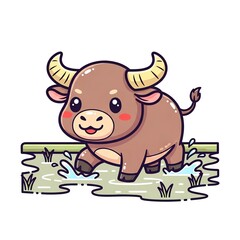 Fototapeta premium Cute Water Buffalo Cartoon Character Walking in Mud.