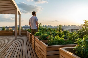 Obraz premium Man enjoying sunset view on wooden rooftop deck with urban garden and city skyline